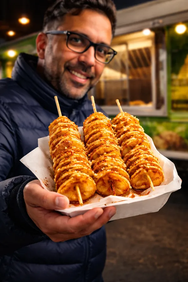 Tornado Potato — spiral fried potato with sauces