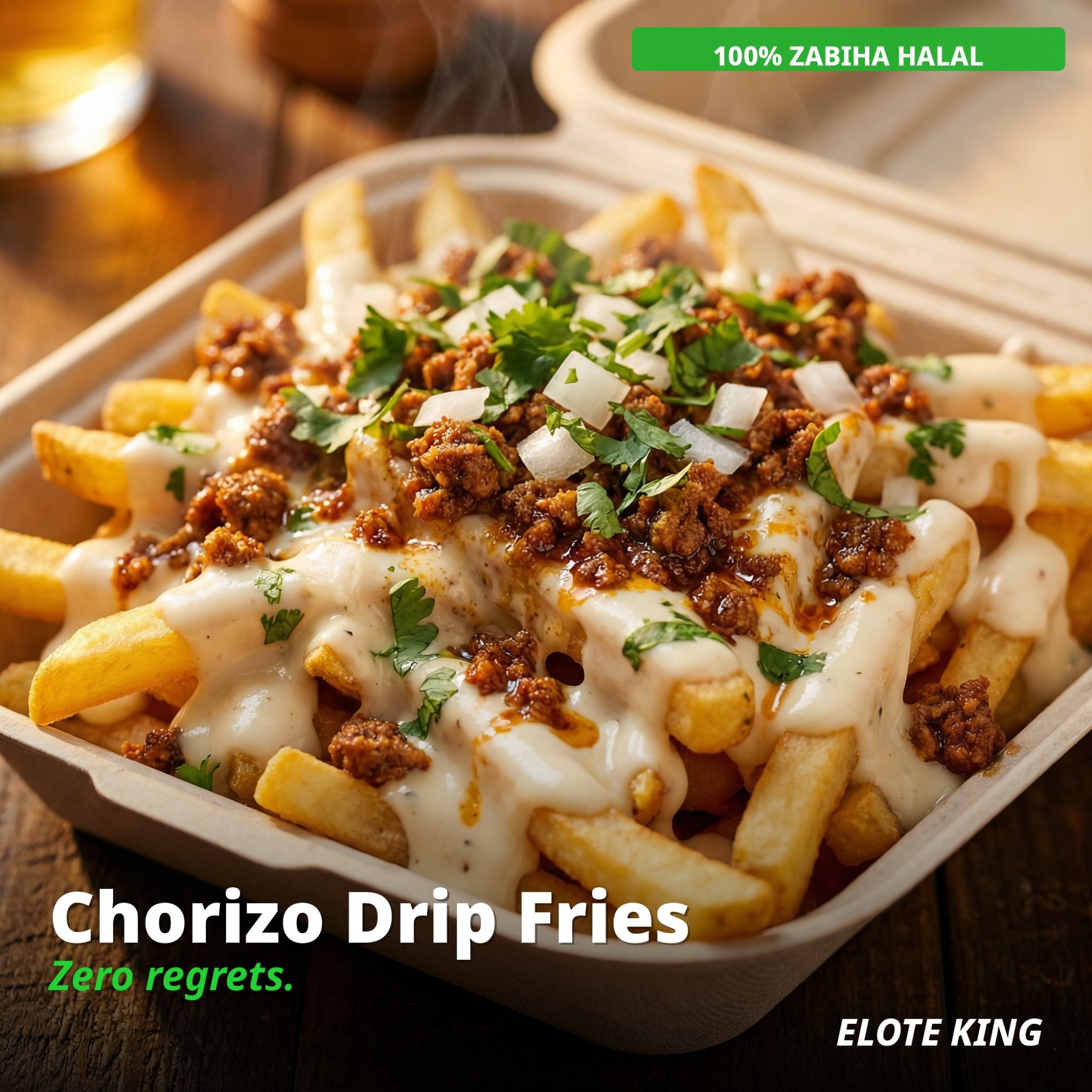 Elote King chorizo drip fries — loaded halal beef and melted cheese