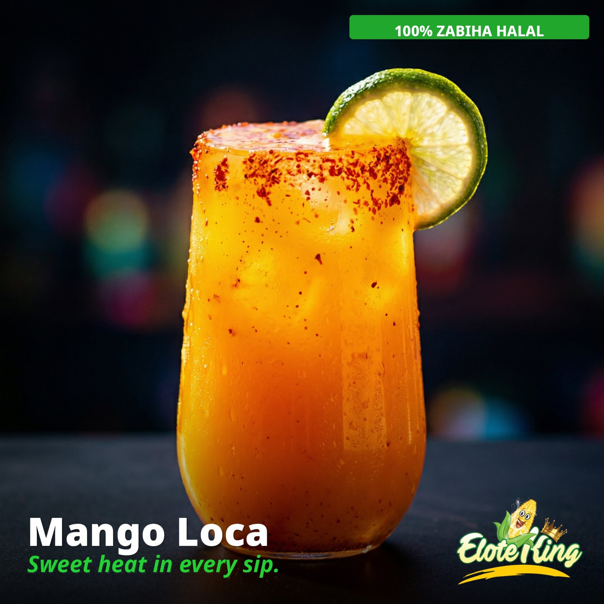 Elote King Mango Loca — fresh mango drink with chili rim and lime